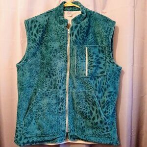 New Winter Leopard print Fleece Vest womens L Green Beige Full zip up 5 pockets